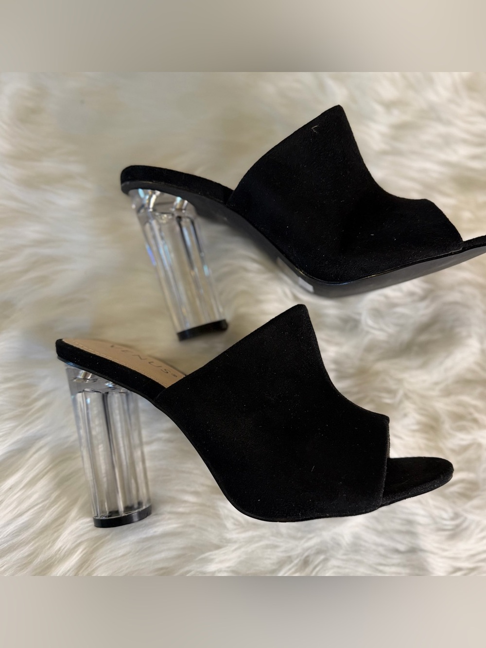 VENUS Black Suede Open-Side Mule with Clear Cylinder Heel